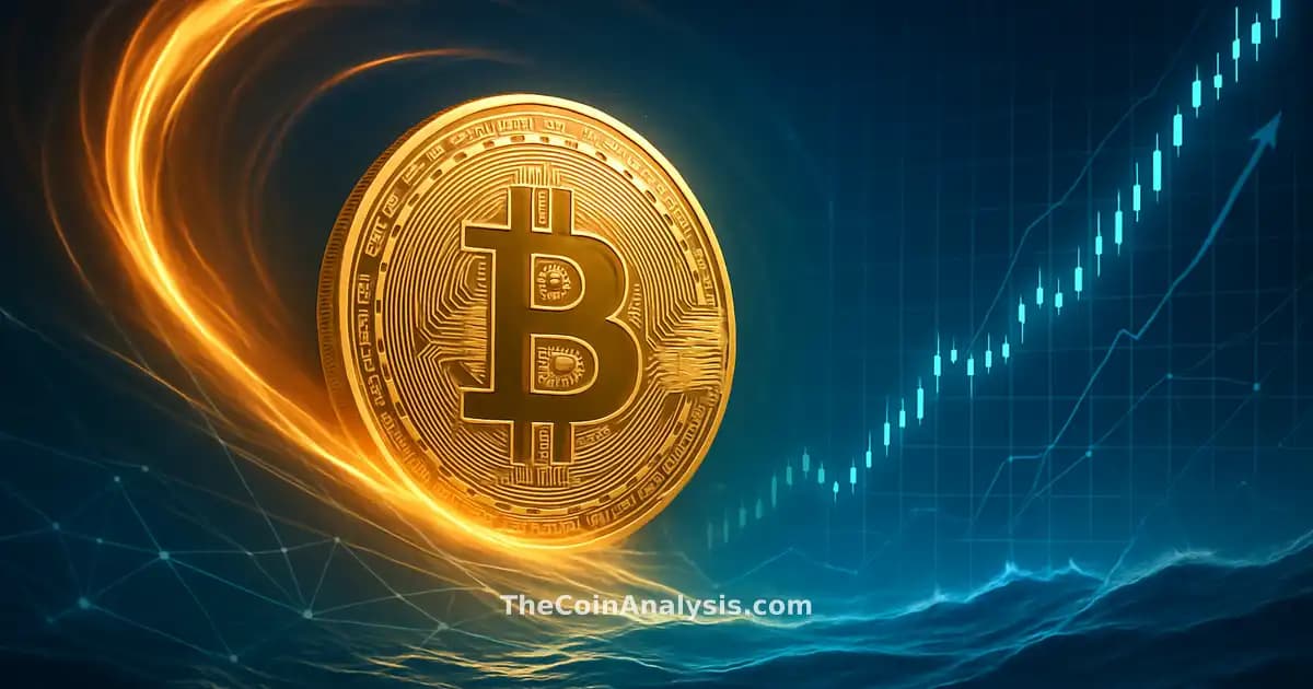 Bitcoin coin rising amid swirling lights, digital network lines, financial charts, and stylized Strait of Hormuz waters.