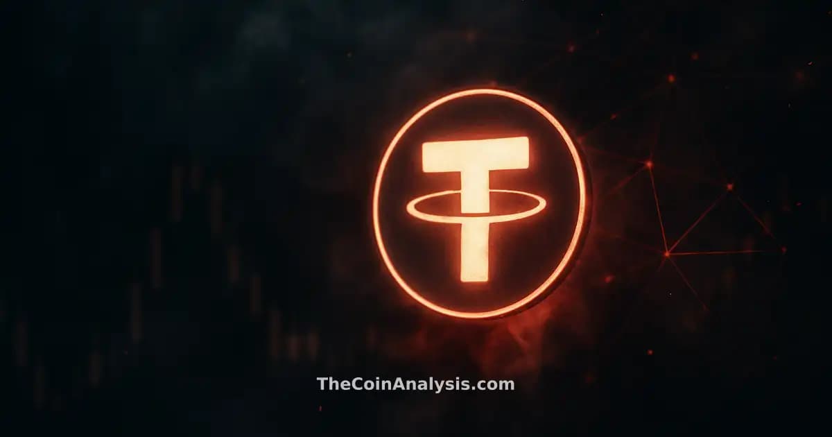 Stylized glowing Tether token glyph amid smoky crimson and charcoal background with faint market candles and network filaments