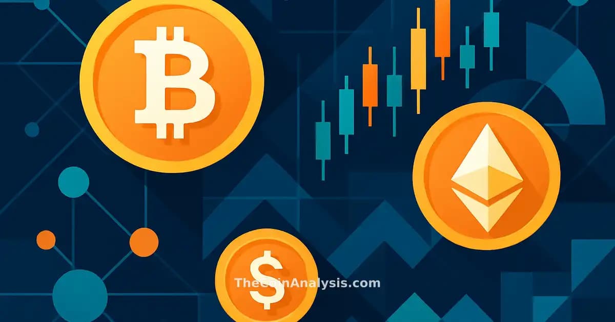 Composition géométrique abstraite avec pièces stylisées, graphiques de trading et noeuds réseau évoquant marché crypto 24/7.