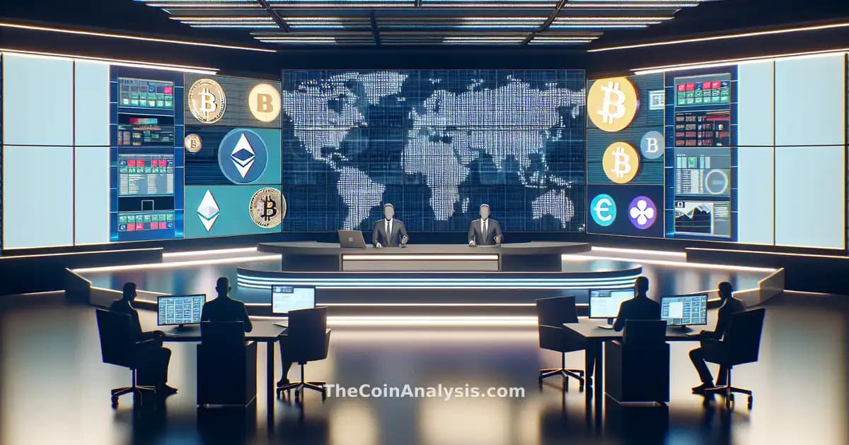 Studio de news avec écrans numériques affichant symboles crypto et cartes du Moyen-Orient en arrière-plan.