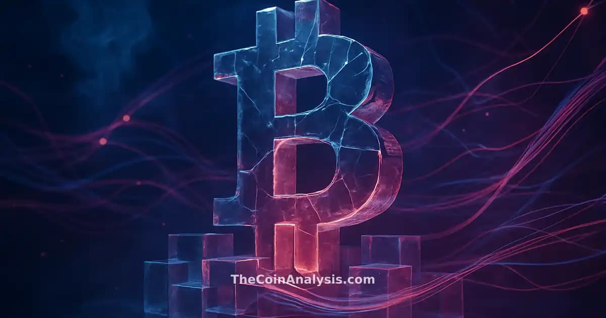 Monolithe Bitcoin fracturé lumineux entouré de blocs translucides et rubans de données dans un réseau sombre.