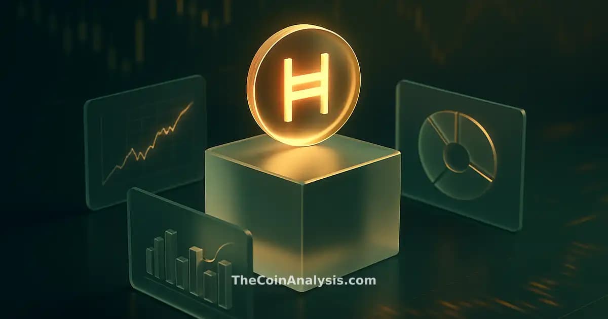 Isometric fintech dashboard with glowing Hedera token glyph on translucent pedestal, surrounded by holographic panels