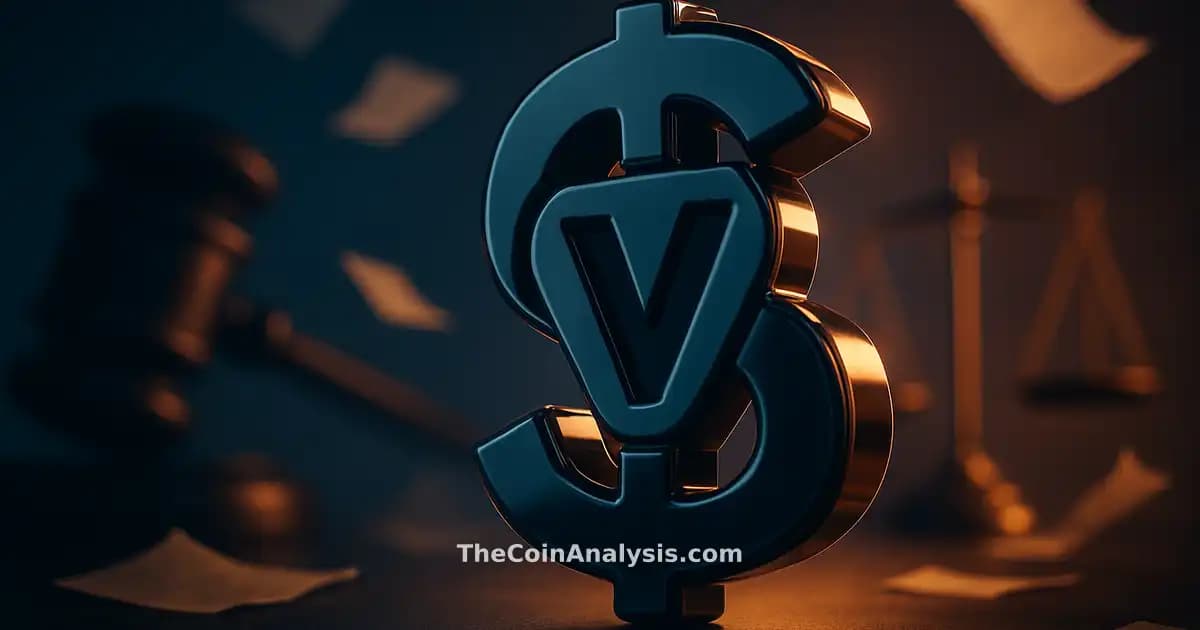3D glossy $VIRTUAL crypto symbol under dramatic lighting, surrounded by abstract gavel, scales, and floating documents.