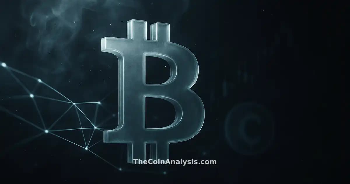 Translucent Bitcoin symbol with glowing network filaments, smoke, light particles, and shadowy market candles in slate grey.