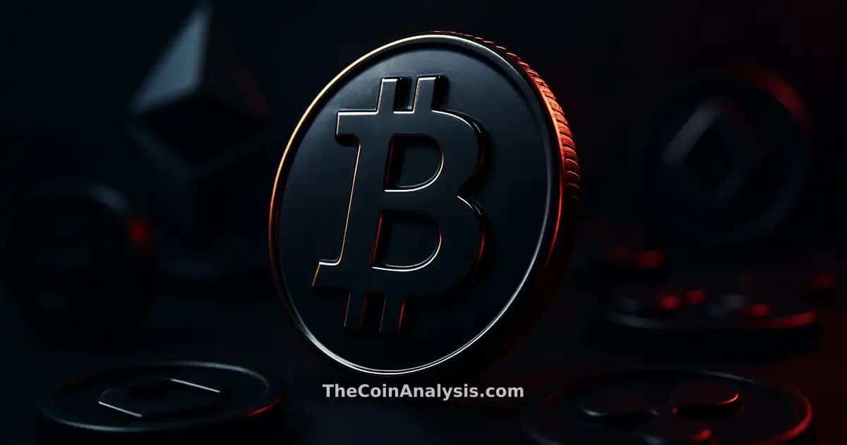 Glossy stylized Bitcoin coin with golden rim light on dark navy background, dramatic low-angle lighting, soft bokeh.