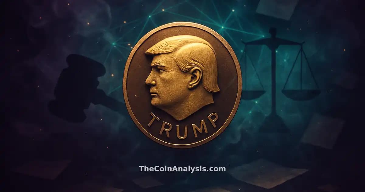 Stylized TRUMP token with abstract gavel and scales amid glowing network filaments and scattered document fragments.