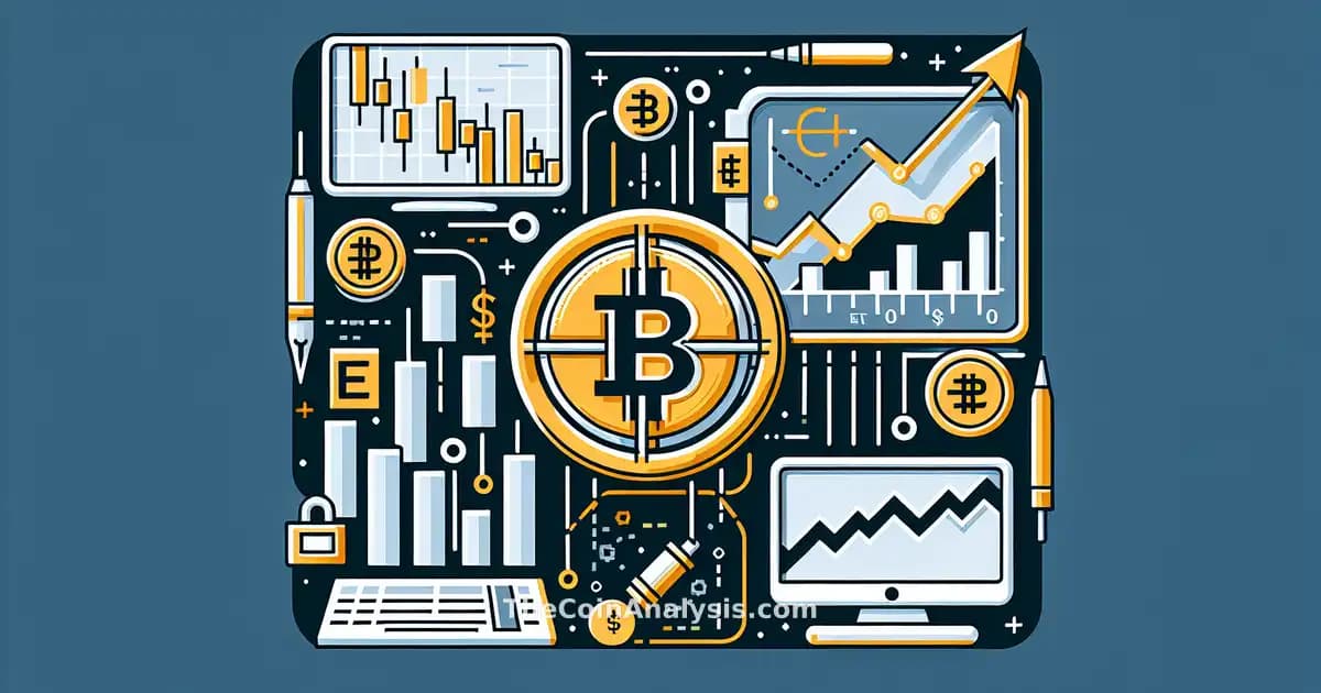 Illustration numérique d’une pièce Bitcoin stylisée devant un graphique ETF avec courbes en baisse et hausse modérées.