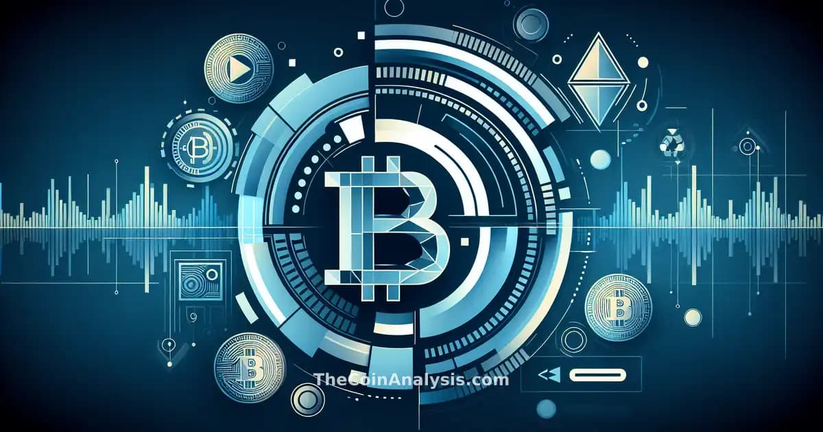 Illustration numérique de formes géométriques abstraites combinant symbole Bitcoin et icône pause en dégradés froids.
