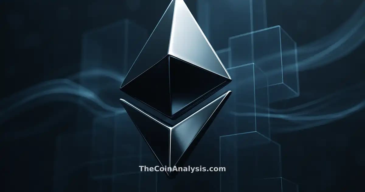 3D glossy Ethereum symbol with interlocking translucent blocks, hex grid, and flowing data ribbons on slate grey background