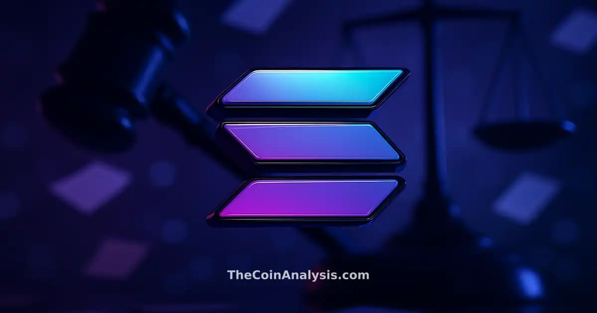 3D glossy Solana symbol with abstract gavel, geometric scales of justice, and floating document fragments on dark blue background