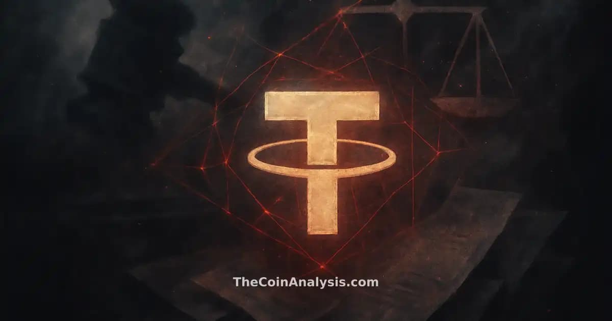 Stylized Tether symbol with abstract gavel, scales of justice, and fragmented documents in dark smoky fintech style