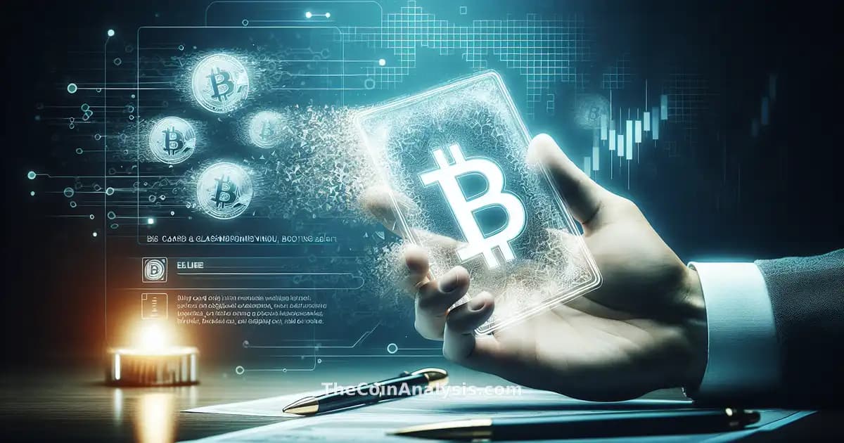 Carte moderne en verre avec des bitcoins numériques se dissolvant, fond avec motif d’alerte flou.