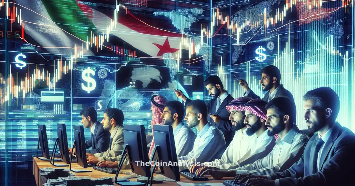 Traders concentrés devant plusieurs écrans affichant des graphiques de cryptomonnaies et titres sur conflit au Moyen-Orient