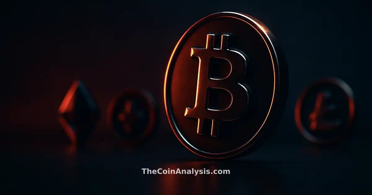 Glossy 3D Bitcoin coin with golden rim light emerging from dark navy background, dramatic low-angle lighting.