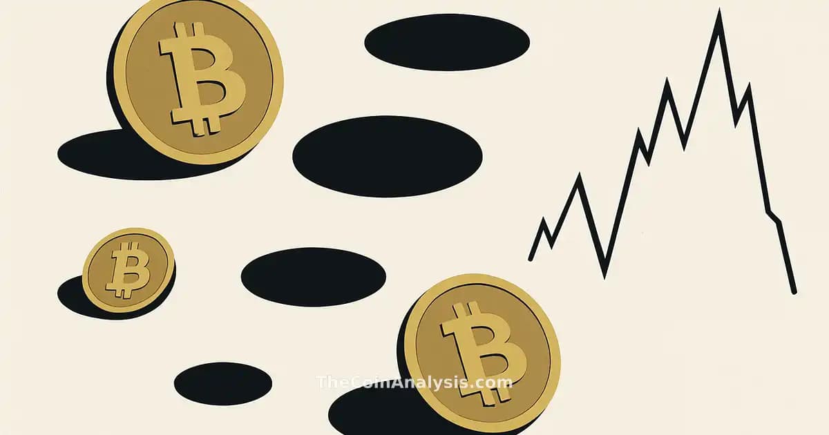 Abstract digital illustration of Bitcoin coins with dark pool symbols and sharp volatility lines on clean background