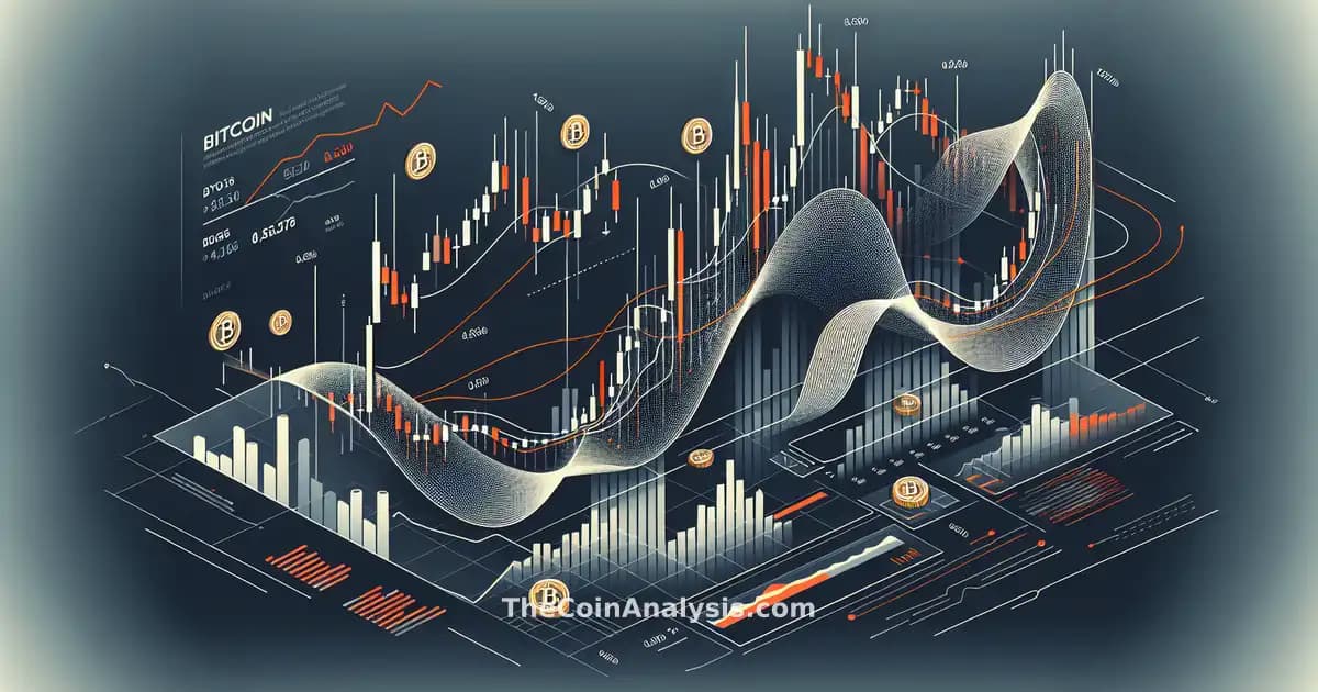 Infographie moderne illustrant la courbe volatile du Bitcoin entre 55 000 $ et 71 000 $ avec chandeliers financiers.