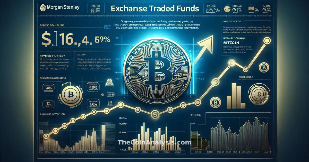 Infographie moderne montrant croissance des ETF Bitcoin avec logo Morgan Stanley et graphiques numériques en hausse.
