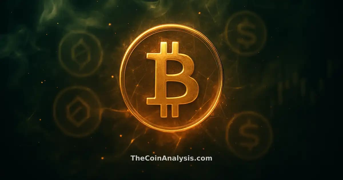 Stylized Bitcoin symbol glowing amid smoky green and gold network filaments with faint token glyphs and candle silhouettes
