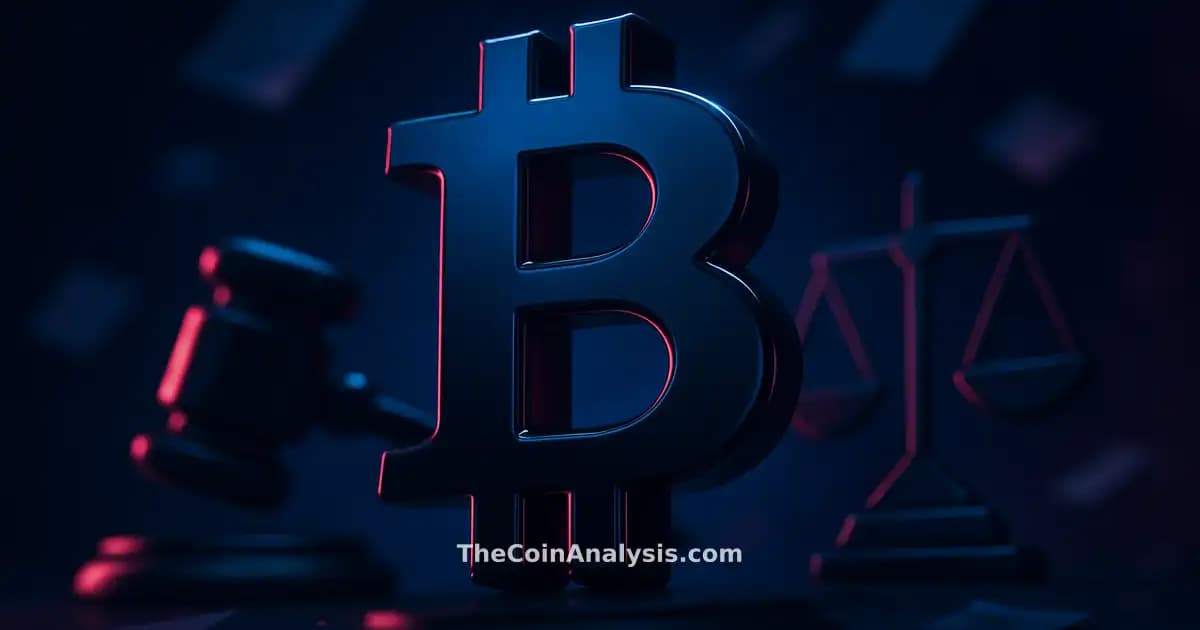 Glossy 3D Bitcoin symbol with abstract gavel and scales of justice, floating fragmented documents on dark backdrop