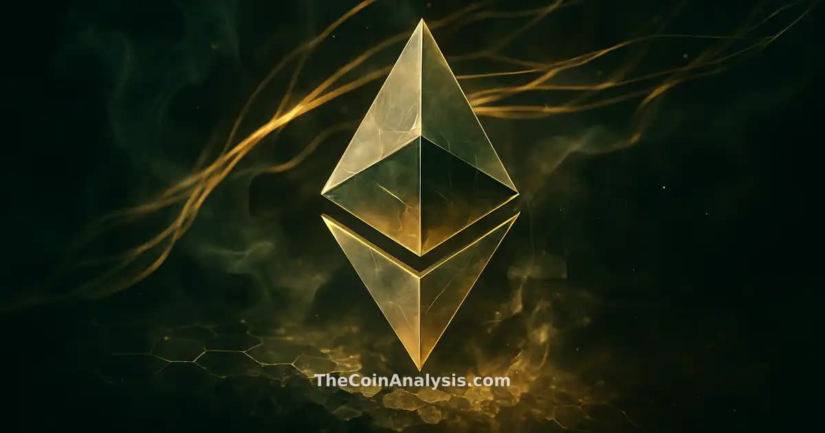 Symbole Ethereum lumineux émergeant de blocs fracturés et grille hexagonale en dissolution, rubans de données flottants.