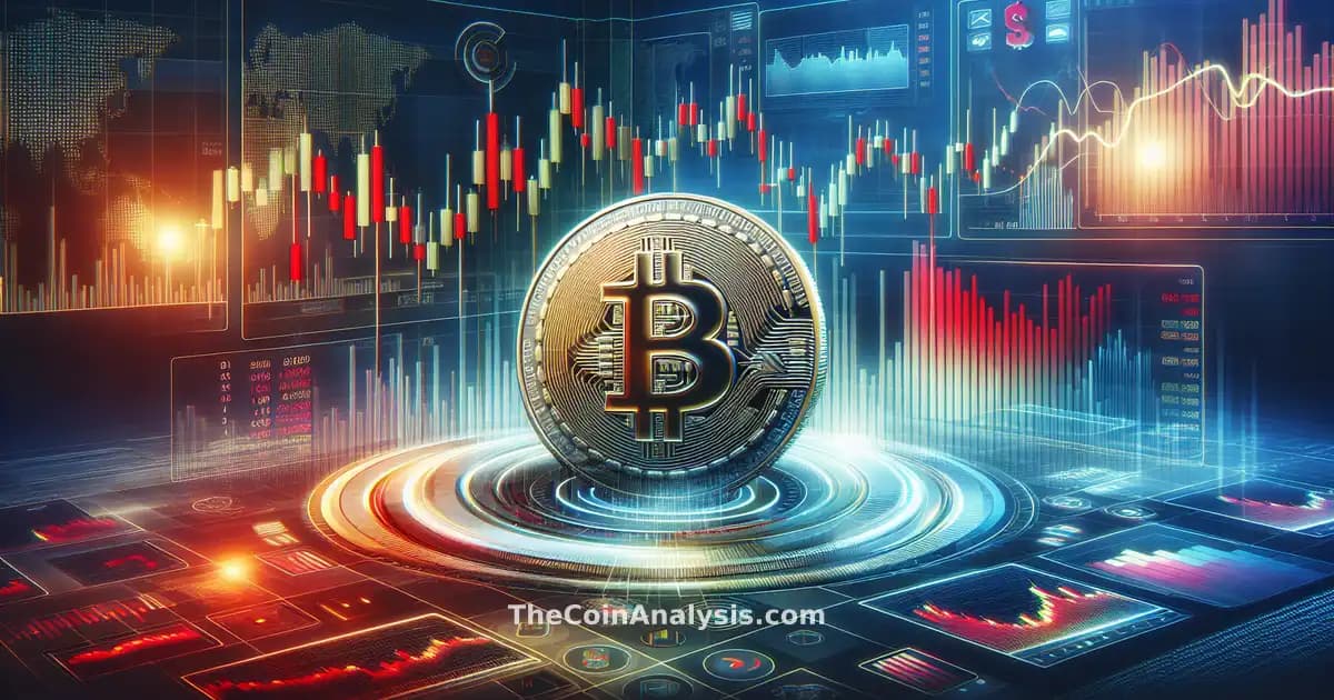 Bitcoin 3D en chute, graphiques numériques avec chandeliers rouges, ambiance tendue sur fond dégradé technologique.