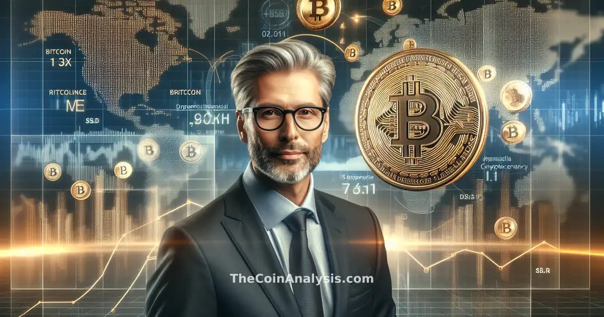 Michael Saylor en studio, pièces Bitcoin et graphiques financiers affichant une hausse marquée en arrière-plan.