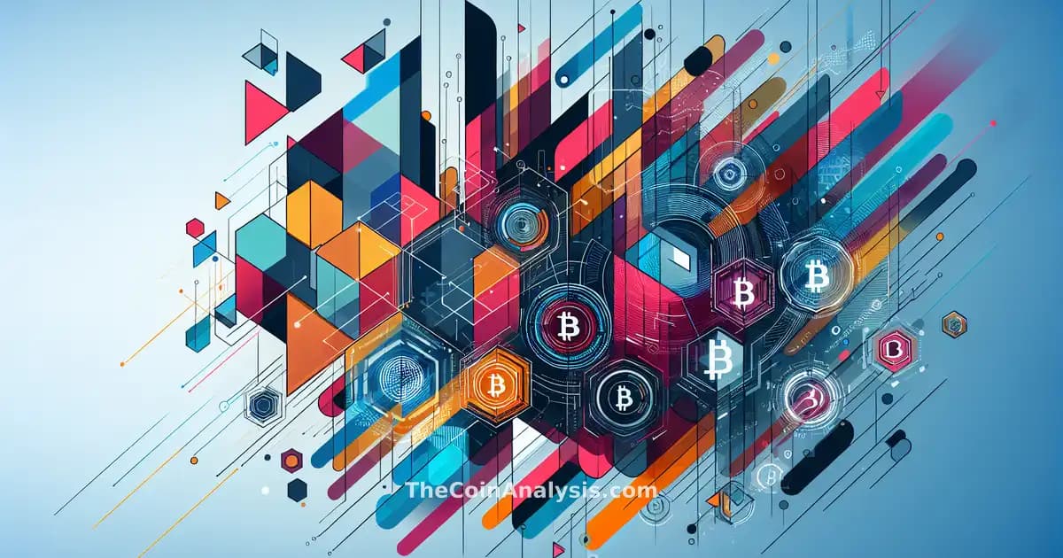 Composition géométrique abstraite avec formes dynamiques et motifs de réseau digital aux couleurs vives symbolisant la finance.