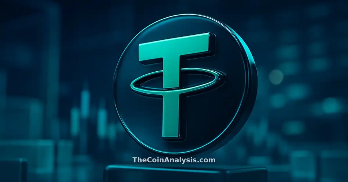 3D glossy Tether symbol illuminated by teal and navy light, surrounded by frosted glass trading floor elements and candlestick charts