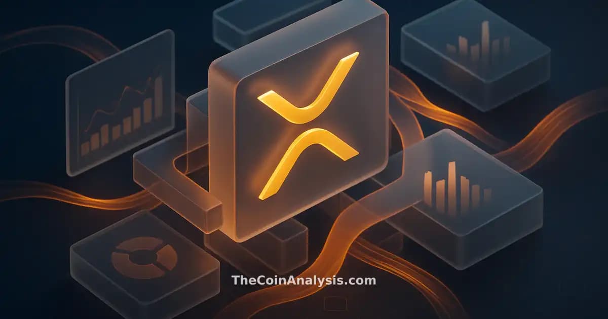 Isometric digital illustration of stylized XRP symbol amid floating frosted-glass panels with amber data ribbons
