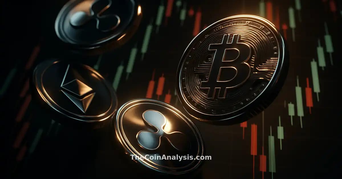 Glossy 3D crypto coins swirling around vibrant candlestick charts in dramatic high-contrast lighting and deep focus