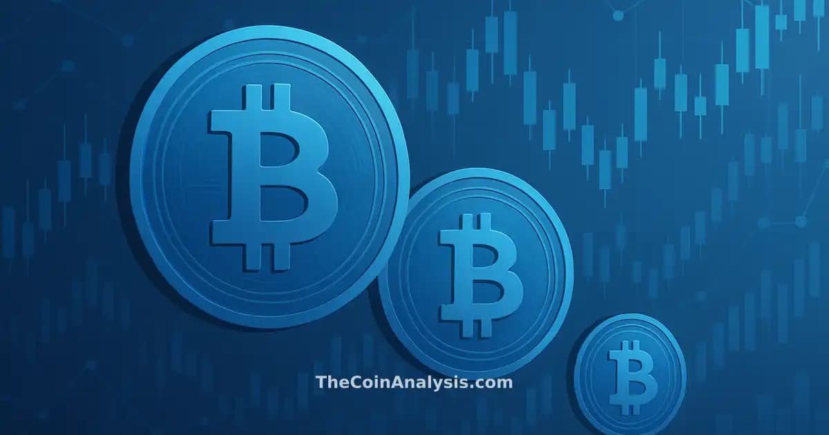Abstract blue-gradient digital Bitcoin coins overlaid with stock market charts and interconnected network nodes