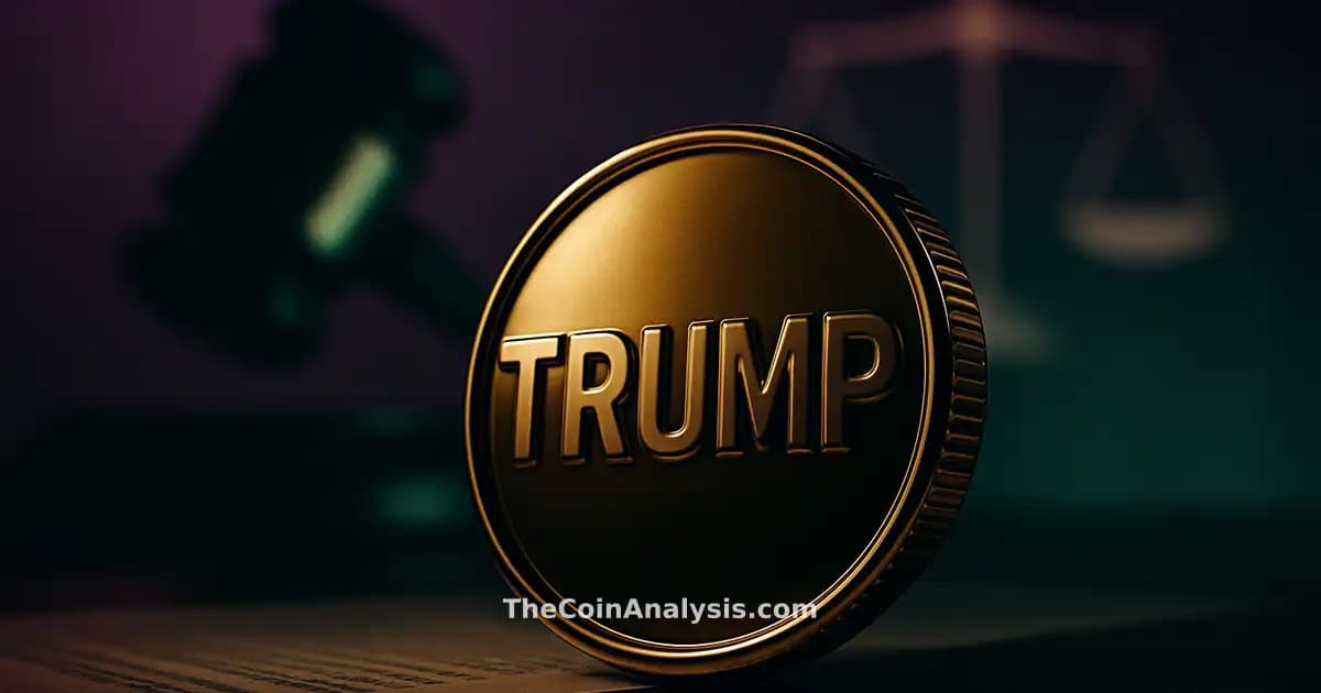 Pièce 3D brillante Trump en gros plan, silhouette de marteau et balances de justice abstraites en arrière-plan.