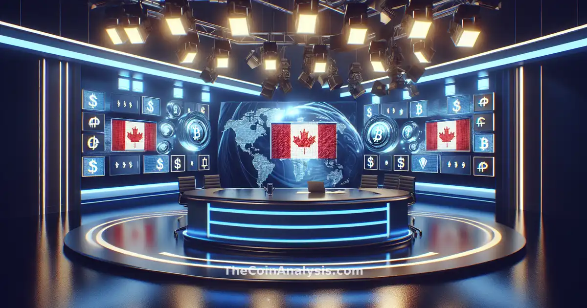 Studio de télévision avec logos numériques du Canada et symboles de cryptomonnaies sur fond bleu lumineux.