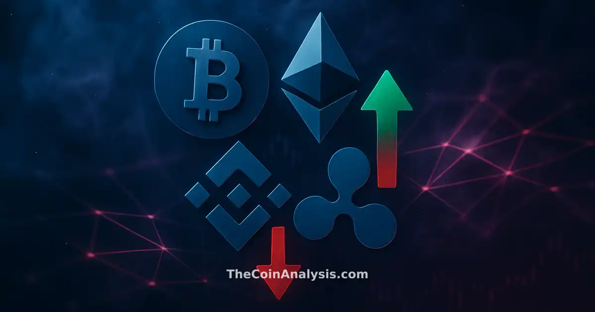 Composition abstraite avec quatre glyphes de tokens stylisés, flèches vertes et rouges entrelacées, et chandeliers boursiers.