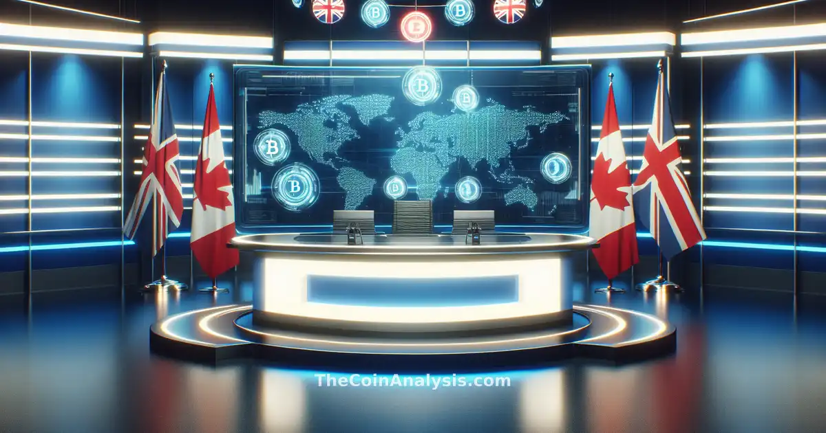 Studio d’actualités avec carte du monde digitale, drapeaux canadien et britannique, symboles cryptos lumineux.
