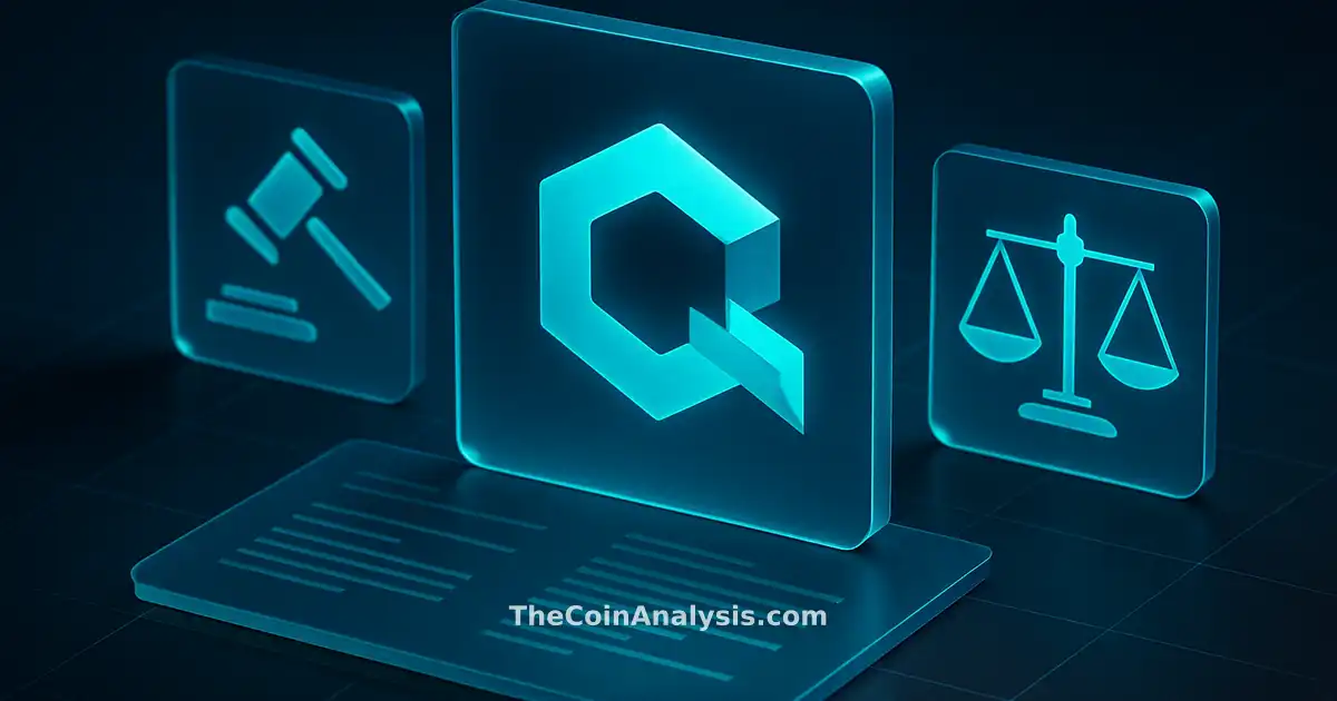Symbole Quant stylisé entouré d’un marteau et balances de justice abstraits sur fond bleu électrique.