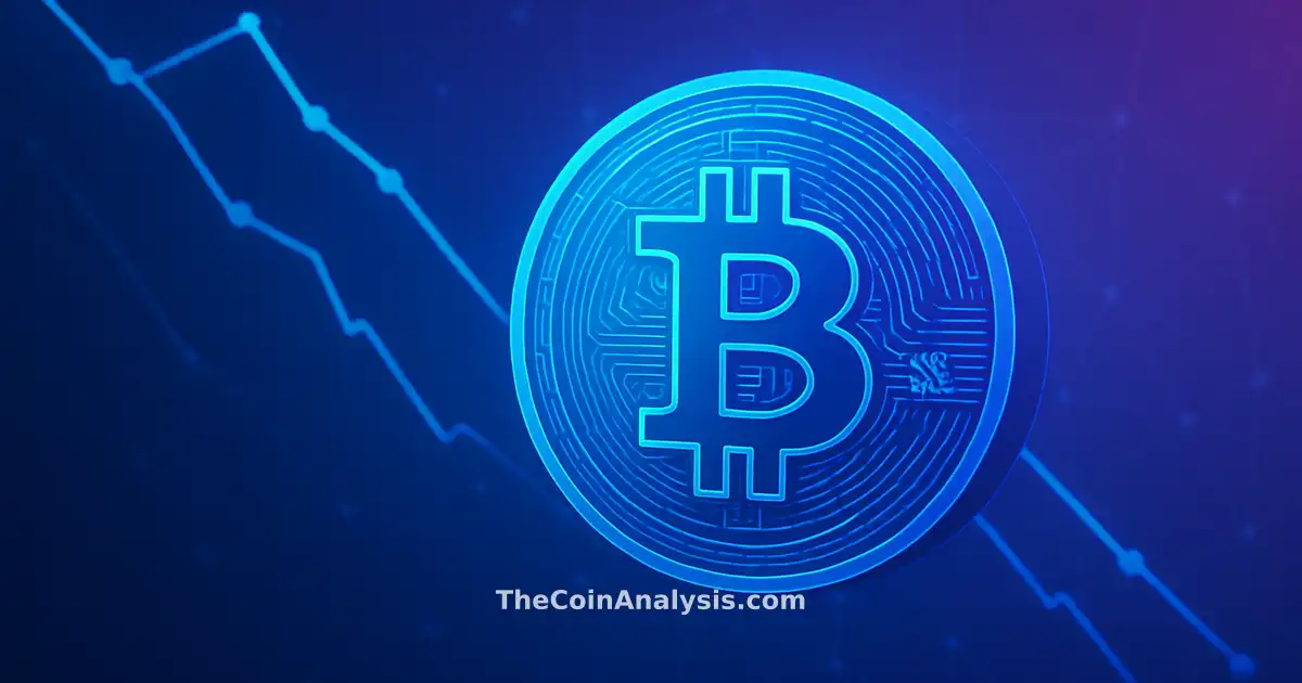 Illustration numérique d'une pièce Bitcoin avec des courbes de baisse et un réseau digital sur fond dégradé bleu violet.