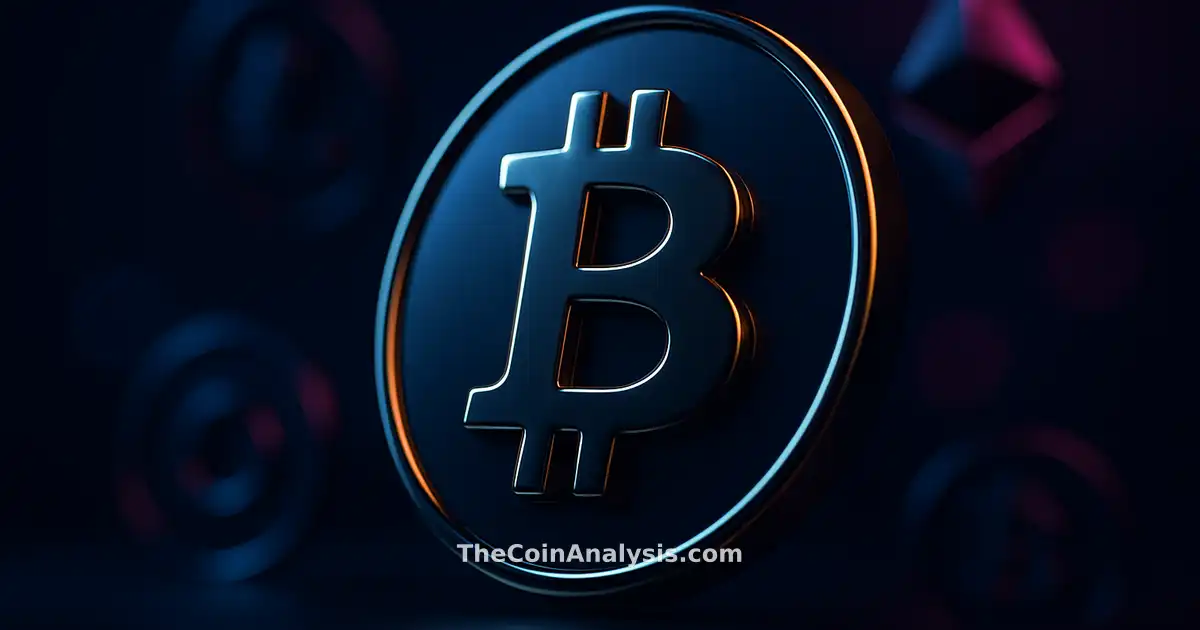 Pièce Bitcoin stylisée dorée en 3D sur fond bleu nuit avec éclairage dramatique et reflets subtils.