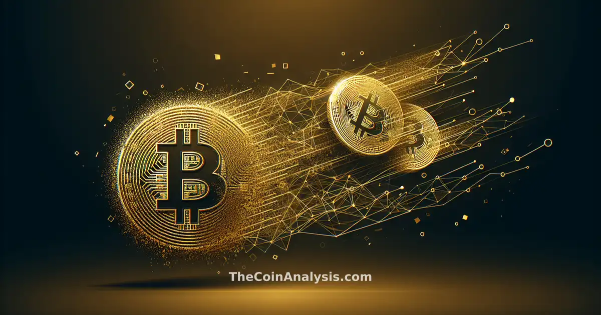 Pièces dorées Bitcoin se dissolvant en lignes numériques abstraites sur fond minimaliste blanc.