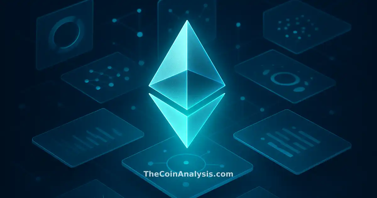 Glyphe stylisé d’Ethereum en bleu éther au centre, entouré de panneaux holographiques et nœuds futuristes.