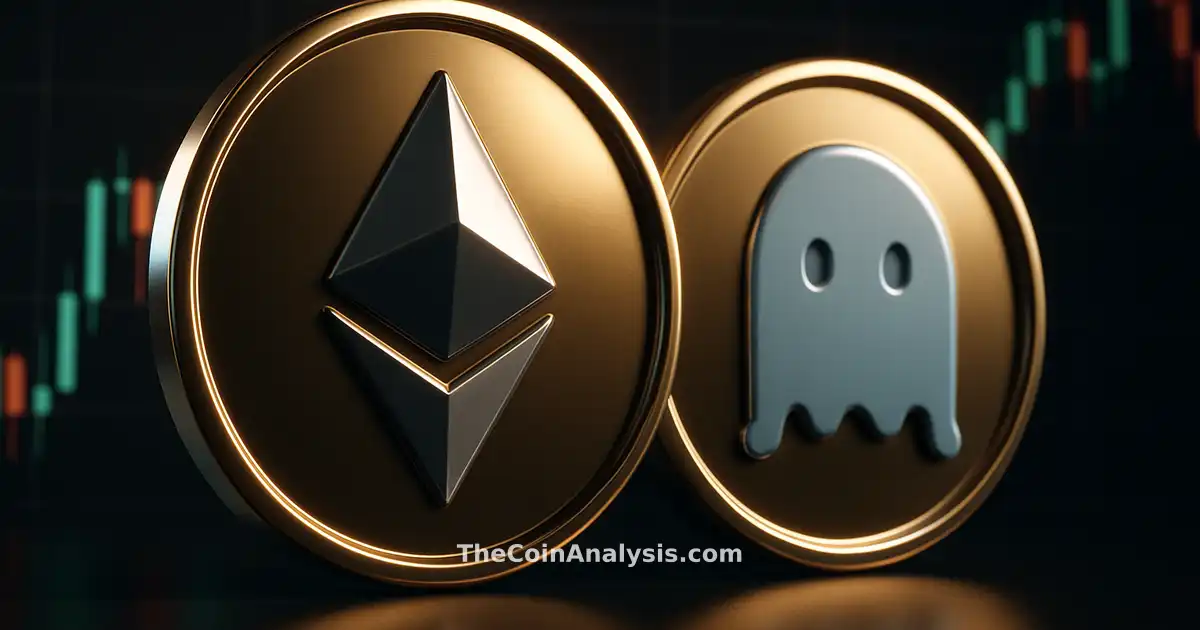 Pièces 3D brillantes d’Ethereum et Aave devant un graphique chandelier de trading, éclairage dramatique fintech.