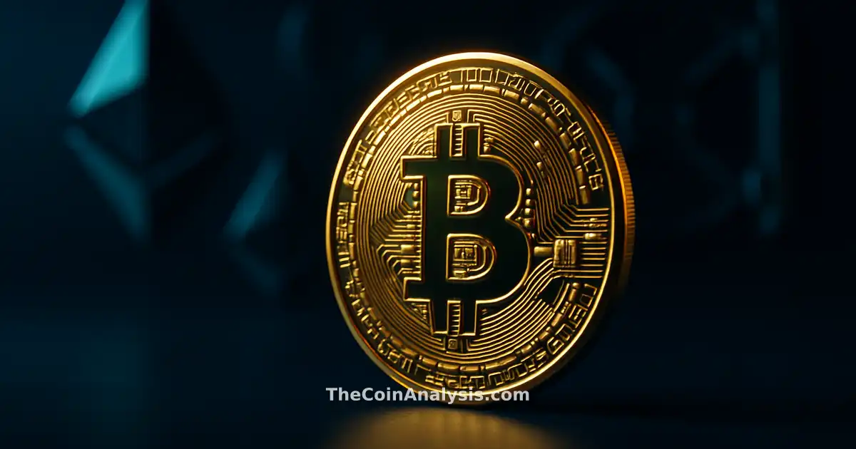Pièce Bitcoin dorée brillante en gros plan avec symboles Ethereum et coffre-fort numérique flous en arrière-plan.
