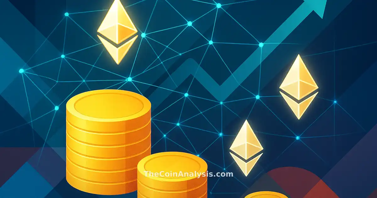 Illustration numérique de pièces Ethereum lumineuses reliées par un réseau blockchain abstrait et géométrique.