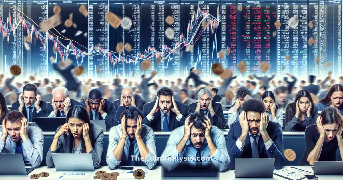 Traders stressés devant écrans affichant graphiques volatils et pièces de cryptomonnaies en baisse.