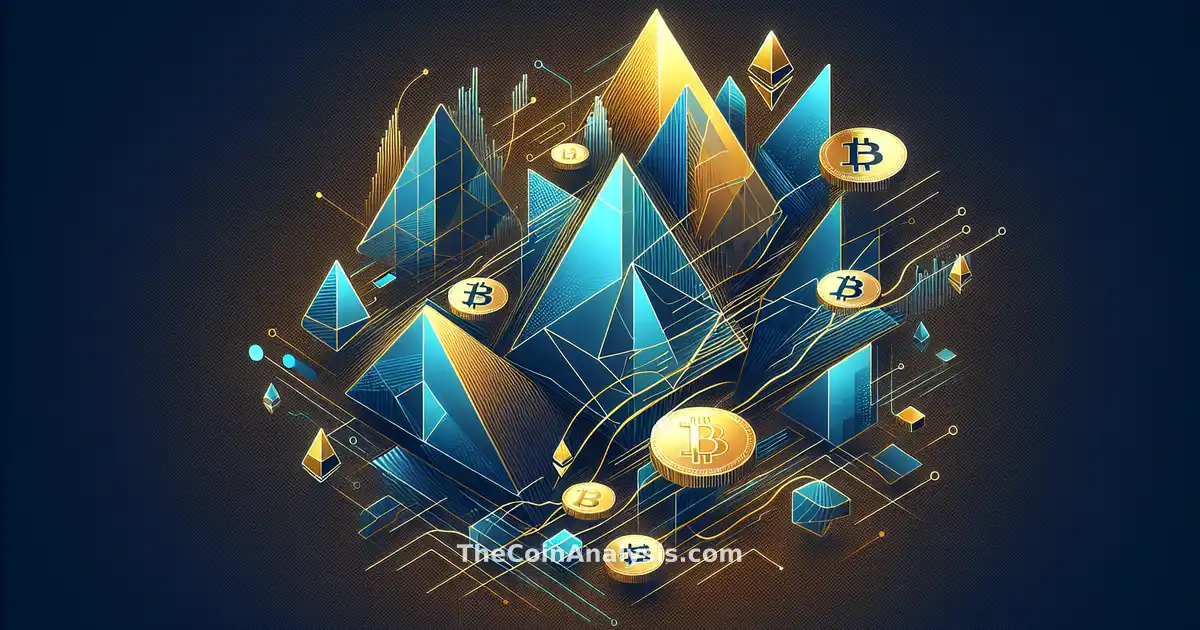 Formes géométriques bleues et dorées symbolisant Bitcoin et Ethereum avec flèches dynamiques montant et descendant.