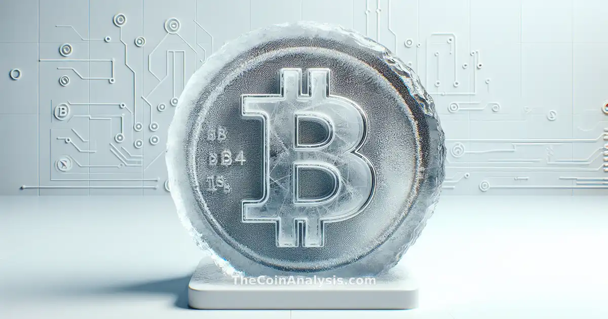 Pièce métallique Tether gelée dans un bloc de glace transparent, sur fond blanc avec symboles Tron subtils.