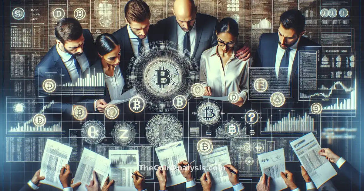 Professionnels en costume examinant des documents financiers avec symboles de cryptomonnaies, focus sur transparence.