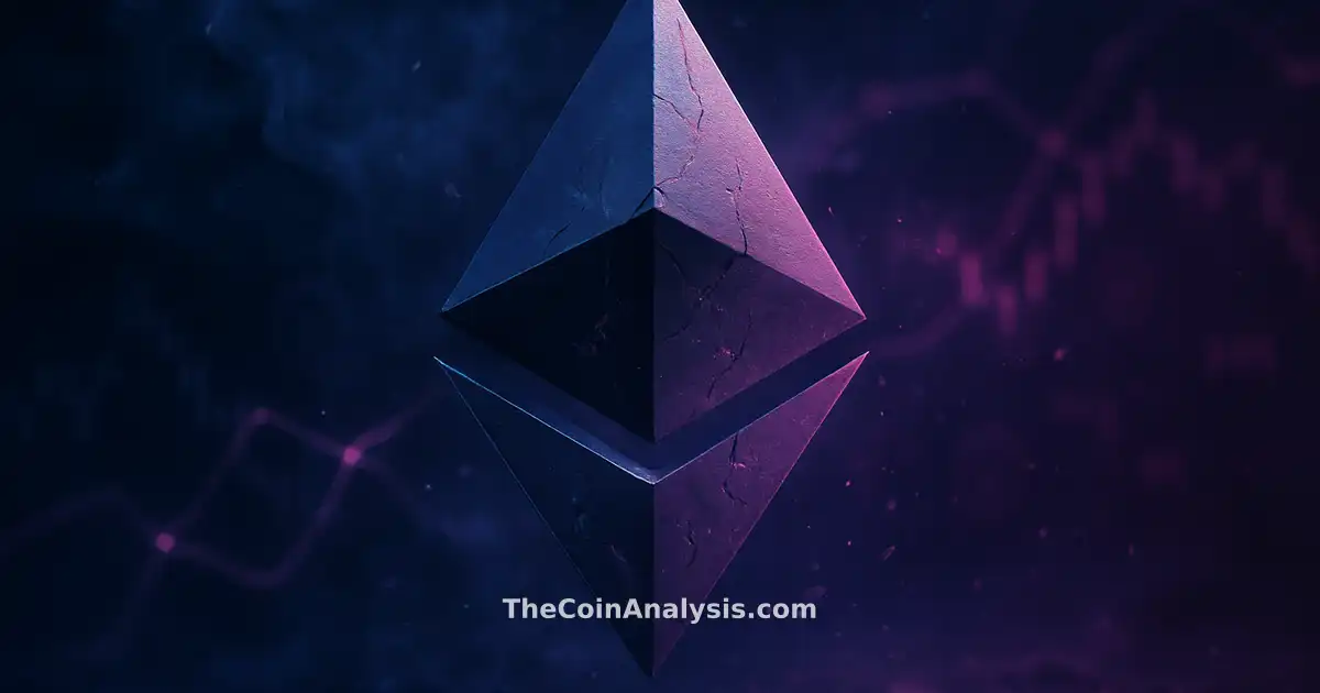 Symbole Ethereum stylisé en dissolution, filaments lumineux et particules de fumée dans un décor bleu nuit et magenta.