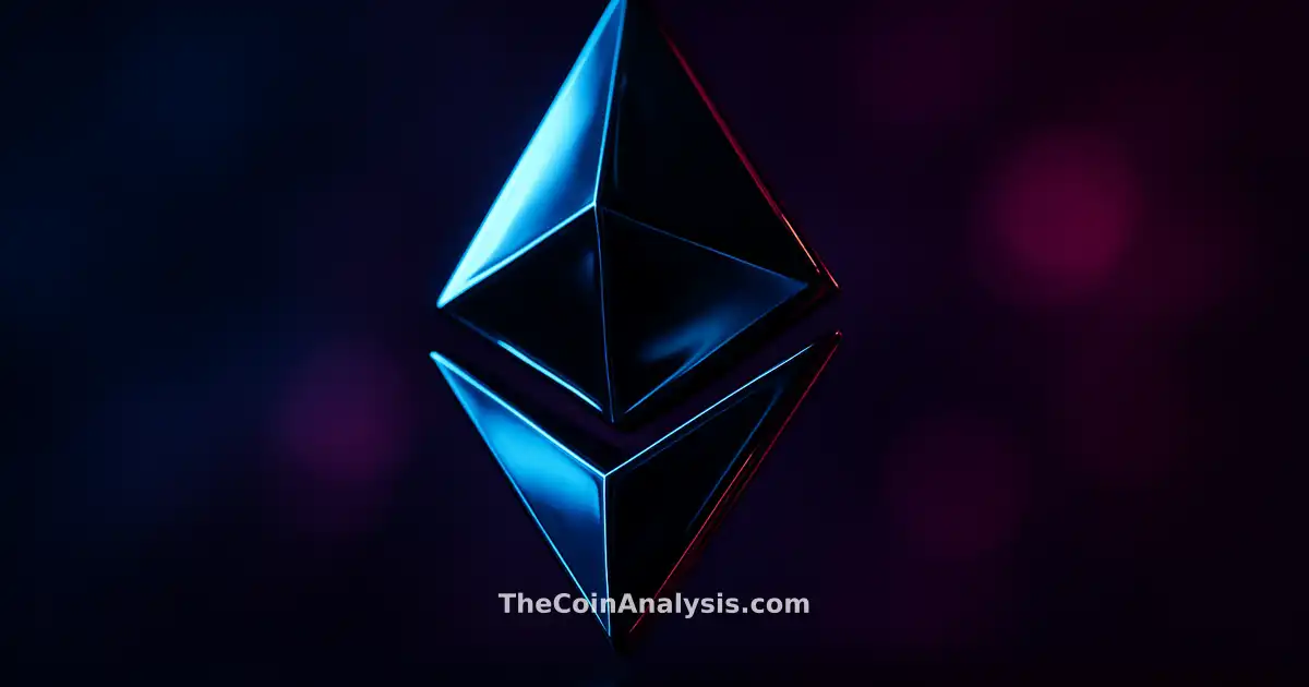 Glyphe Ethereum 3D stylisé brillant bleu et magenta, éclairage dramatique, fond flou bokeh, style magazine fintech premium