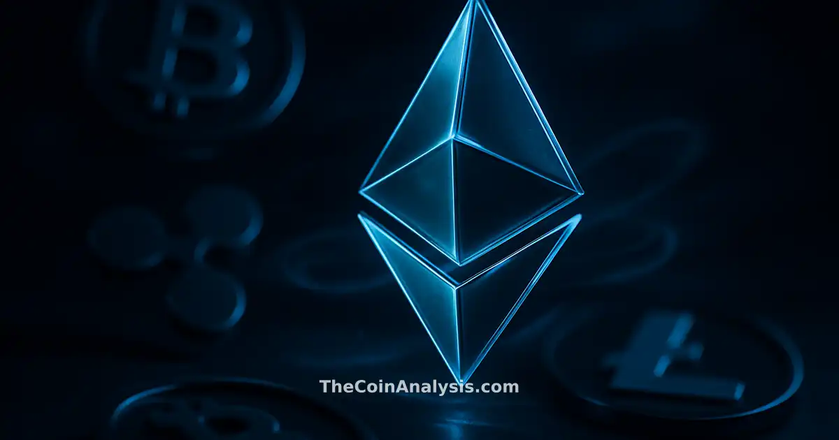 Glyphe Ethereum bleu électrique 3D brillant, éclairage dramatique, flux lumineux évoquant staking et rareté.